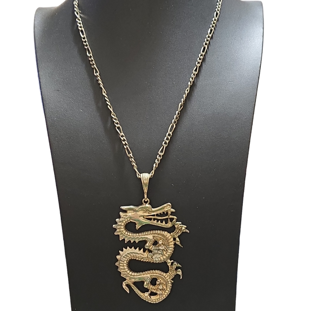 Vintage Heavy Jumbo Dragon Charmed Italian Link Base Metal Necklace